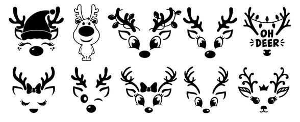 Christmas reindeer faces silhouettes bundle. Rudolph heads with antlers, Santa hat, lights © OS