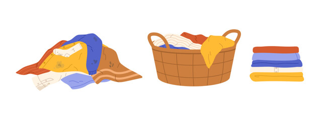 Pile of dirty laundry. Laundry basket and stack of clean clothes. Flat vector isolated illustration