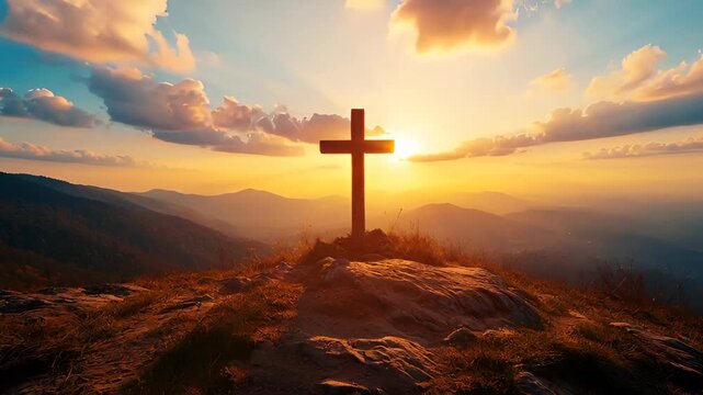 Cross on mountain peak during beautiful sunset. Religious spiritual cross standing on hill at sunrise. Good Friday, Easter concept.