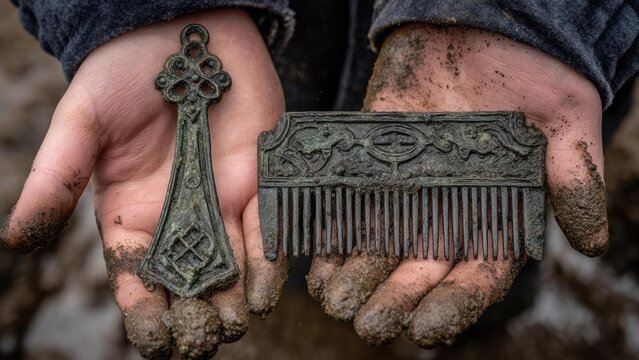 Two ancient metal objects&mdash;a decorative cross-shaped key and an ornate comb&mdash;held in muddy hands. Concept Ancient metal artifacts, Muddy hands, Cross-shaped key, Ornate comb, Archaeological relics