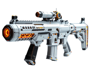 Futuristic, stylized assault rifle, white body with orange glowing accents, isolated on black background