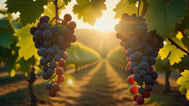 Sunlit vineyard rows with bunches of ripening grapes hanging from vines, creating an idyllic rural scene with vibrant colors.
