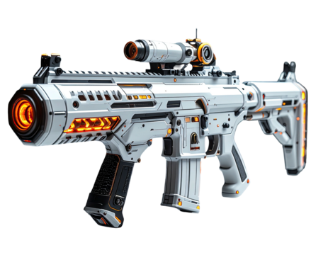 Futuristic, stylized assault rifle, white body with orange glowing accents, isolated on black background