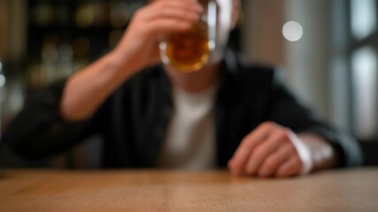 Man holds a glass of amber liquor with ice cubes sitting at a bar counter in a moody atmosphere. - Powered by Adobe
