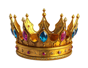 A regal golden crown with multiple colorful gemstones displayed on a transparent background