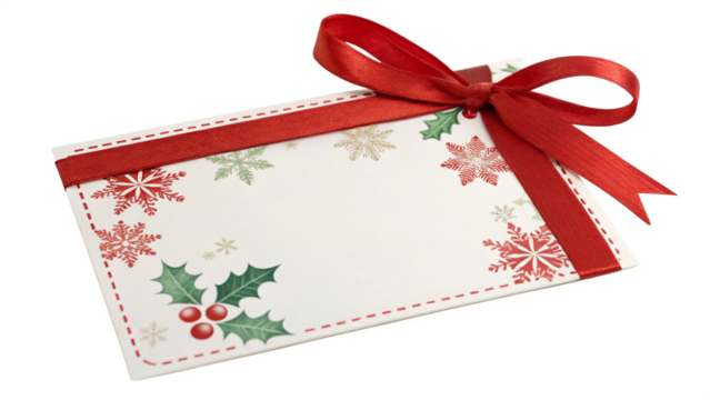 Blank Christmas gift card with red ribbon isolated on a transparent background 