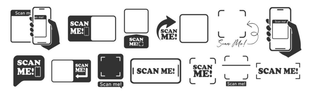 QR code set for smartphone scan me icons, barcode payment elements and mobile app design on transparent background