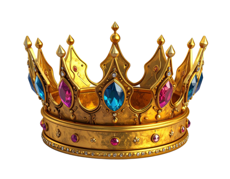 A regal golden crown with multiple colorful gemstones displayed on a transparent background
