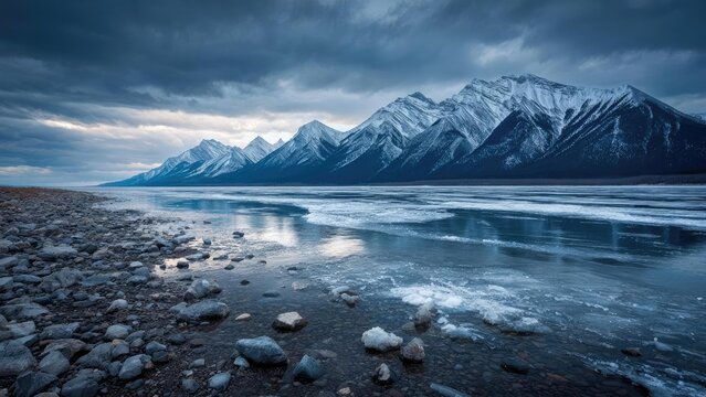 Snowy jagged mountains rise beside a partially frozen lake, rocky shore in the foreground under dark storm clouds. Concept Snowy Jagged Mountains, Partially Frozen Lake, Rocky Shore Foreground