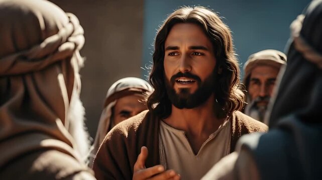 Man, depicted as Jesus, speaks to a crowd, offering guidance and wisdom in an historical or biblical setting
