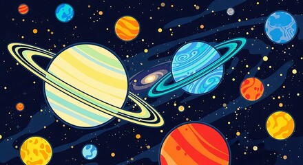 A vibrant and colorful cartoon illustration of planets in outer space, showcasing the beauty and mystery of the universe with rings and stars