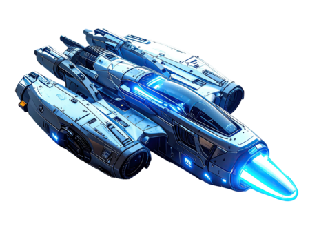 Futuristic spacecraft, illuminated with blue lights, showcasing advanced technology and sleek design