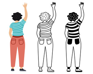 Young woman raising her hands flat vector illustration