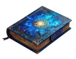 A closed, ornate book. The cover features a cosmic design with stars, and golden trim on a black background