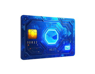 Artistic depiction of a futuristic payment card. A textured, glowing blue design on a dark background
