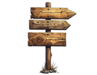 A weathered wooden signpost with three arrow-shaped planks against a black backdrop