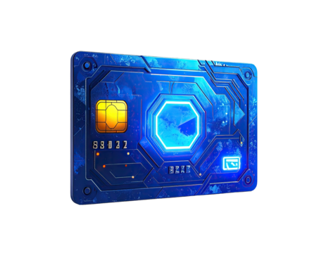 Artistic depiction of a futuristic payment card. A textured, glowing blue design on a dark background