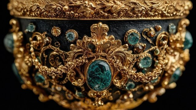 A luxurious gold crown encrusted with turquoise stones and ornate filigree detailing. Concept Luxe gold crown, Turquoise inlays, Ornate filigree detailing, Regal ceremonial headpiece