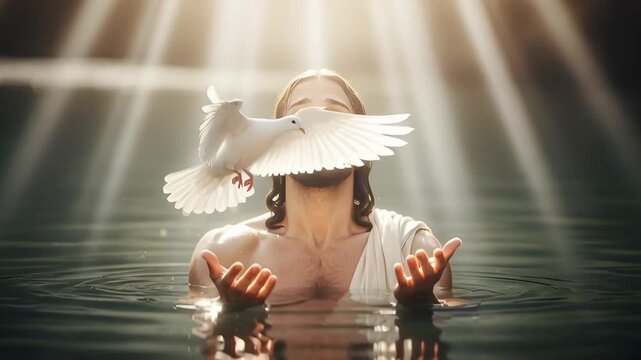 Man standing in water with dove flying overhead. Spiritual divine light beaming down for religious concept.