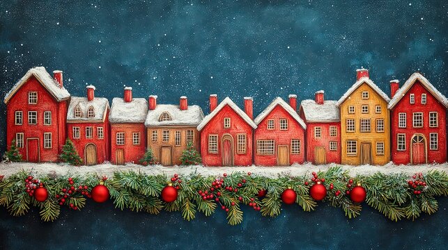 hand-drawn Christmas-themed illustration on a chalkboard background, featuring whimsical red houses with snowy roofs, delicate snowflakes, and festive foliage adorned with red ornaments.