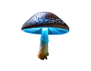 Bioluminescent mushroom on black background. Glowing, otherworldly fungi illuminated