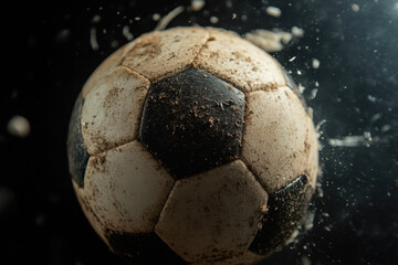 Fototapeta premium Close-up of a dirty soccer ball in motion against a dark background. the raw energy and grit of a soccer ball mid-action, showcasing its well-worn texture.
