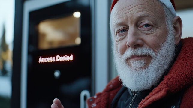 An elderly man with a Santa hat smiling next to an 'Access Denied' sign. His joyful expression contrasts with the mystery of the locked door framed in winter decor. - Powered by Adobe