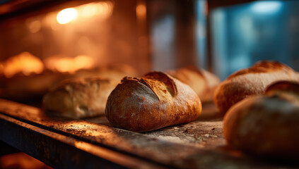 Crusty baked artisanal sourdough bread loaves on a shelf inside a warm oven at a traditional bakery