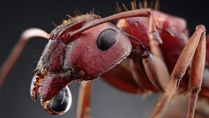 Close-up macro of a red ant’s head with a water droplet hanging from its mandible. Concept Macro Insect Portrait, Red Ant Close-Up, Water Droplet Detail, High-Detail Nature Photography