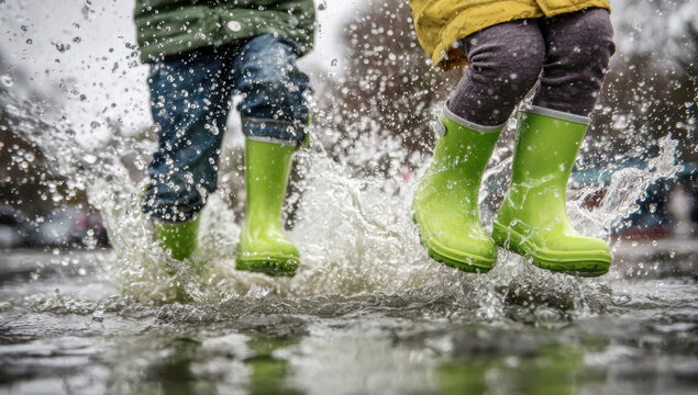 Children's feet in green and orange rain boots jumping, splashing in muddy puddle on a path, having fun outdoors