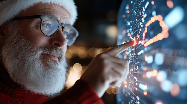 An elderly man with glasses and a Santa hat intently pointing at digital data on a screen. The warm lights around him create a modern yet festive ambiance.