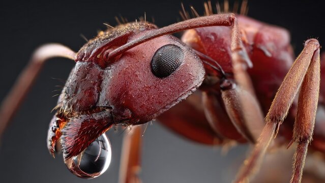 Close-up macro of a red ant&rsquo;s head with a water droplet hanging from its mandible. Concept Macro Insect Portrait, Red Ant Close-Up, Water Droplet Detail, High-Detail Nature Photography