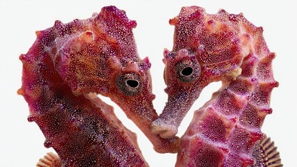 Two purple-red seahorses facing each other with snouts touching in a heart-like pose. Concept Romantic sea life duo, Purple-red seahorses, Heart-like underwater pose, Coral backdrop