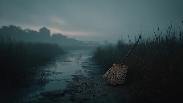 A misty, tranquil landscape. A rake leans near a muddy path, with silhouettes of buildings in the background