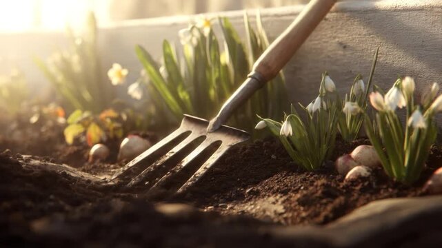 A close-up view of gardening, showing soil, bulbs, and snowdrop flowers, with a rake