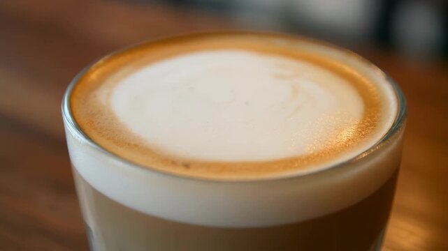 Close-up of a delicious latte in a glass on a wood table with rich milk foam and coffee swirls perfect for a caffeine boost or morning ritual.