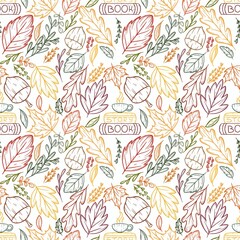 Warm and cozy autumn pattern, filled with the atmosphere of reading books under a blanket with a cup of fragrant tea among the golden leaves