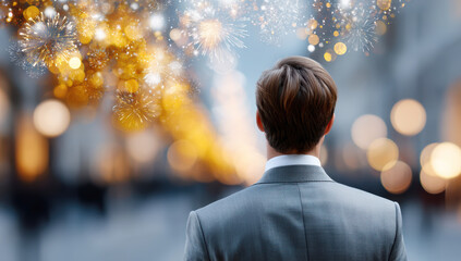 Business man looking up at exploding fireworks and bokeh city lights celebrating success and future opportunities