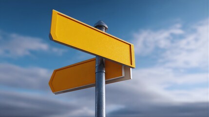 Yellow direction sign against a blue sky with clouds on a bright day
