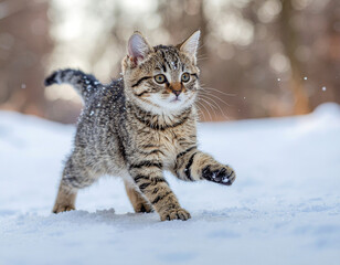 A kitten stepping into snow for the first time, paw raised in surprise. Ai