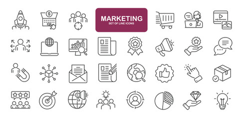 Set of line icons related to marketing. Outline icons collection