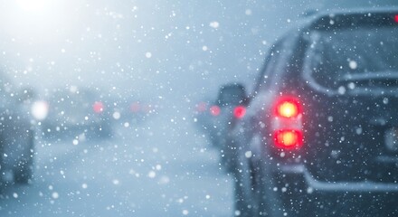 Blurred view of cars driving in heavy snowfall, creating a winter scene of reduced visibility and challenging driving conditions on the road
