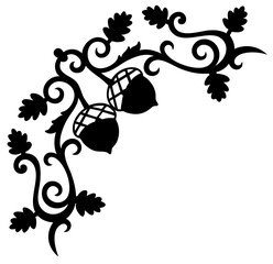 Black corner ornament with acorns and swirling oak leaves © OS