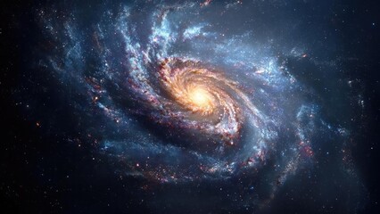 Fototapeta premium Spiral galaxy with a bright core and glowing arms, surrounded by countless stars in deep space. Concept Spiral Galaxy, Bright Core, Glowing Spiral Arms, Star-filled Deep Space, Cosmic Night Sky