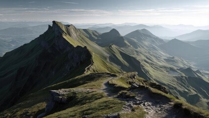 A narrow rocky trail winds along a jagged mountain ridge, with green slopes on both sides and distant hazy peaks fading on the horizon. Concept Mountain Ridge, Narrow Rocky Trail, Green Slopes