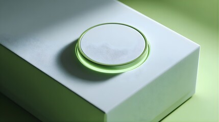 Minimalist composition of white powder on a white box with green light