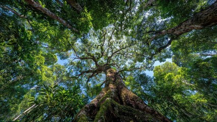Looking up through a dense rainforest canopy at towering trees and bright green leaves against a blue sky. Concept Rainforest Canopy, Towering Trees, Vibrant Green Foliage, Blue Sky Framing
