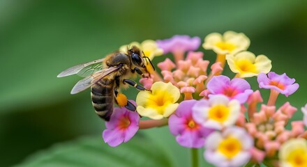 A bee collecting pollen from a cluster of colorful lantana flowers in a garden.