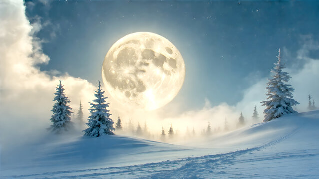 満月と吹き荒れる雪原
