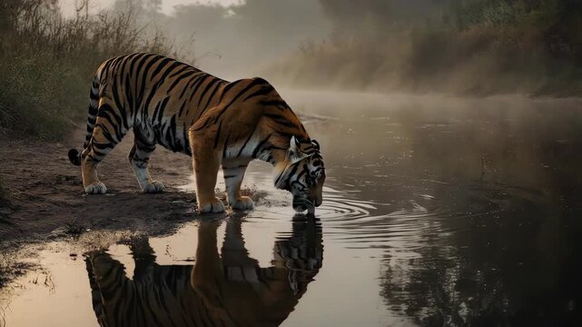Tigers Reflection - A Majestic Drink at Dawns Edge.